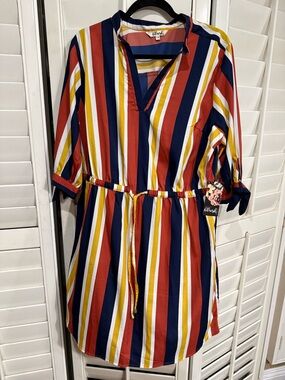 NWT - Blush Multicolor Striped Tie-Waist Tunic - Red, Navy, Mustard